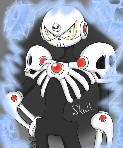 ariga hitoshi, skull man, capcom, mega man (classic), mega man (series), mega man 4, mega man megamix, 1boy, android, aura, black background, bone, character name, cowboy shot, electricity, gem, green eyes, hand on own hip, helmet, male focus, mask, ribs, simple background, skinny, skull, solo, standing