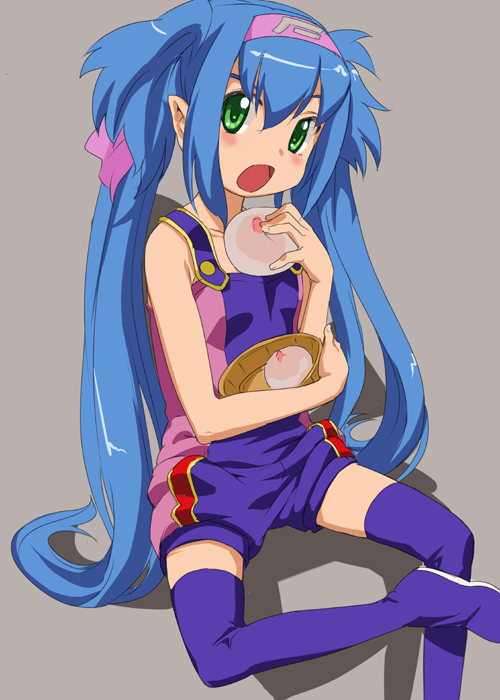 makacoon, klan klein, macross, macross frontier, 00s, 1girl, boots, female focus, food, purple boots, solo, steamed bun, thighhighs