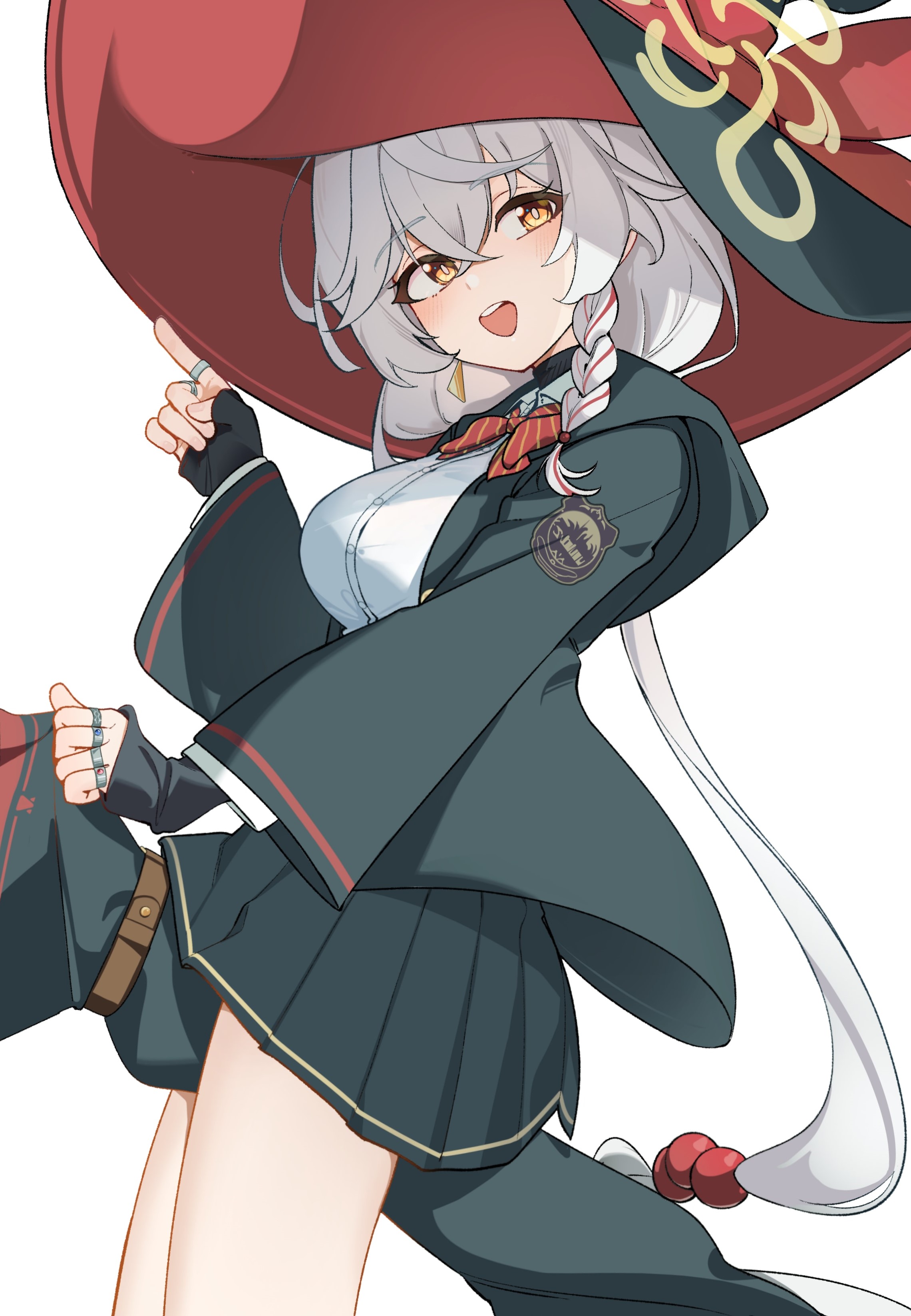 mizo, eri (blue archive), blue archive, absurdres, highres, 1girl, black robe, black skirt, bow, breasts, collared shirt, hat, jewelry, large breasts, light blush, long hair, long sleeves, multicolored hair, open mouth, orange eyes, pleated skirt, red bow, red hair, ring, robe, shirt, simple background, skirt, smile, solo, very long hair, white background, white hair, white shirt, wide sleeves, witch hat