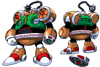 ariga hitoshi, wind man, capcom, mega man (classic), mega man (series), mega man 6, mega man megamix, megaman 6, rock man 6, lowres, arm cannon, ball and chain (weapon), chain, electric fan, from behind, helmet, multiple views, no humans, non-humanoid robot, oekaki, plump, reference sheet, robot, simple background, spiked ball and chain, standing, transparent background, weapon, white background