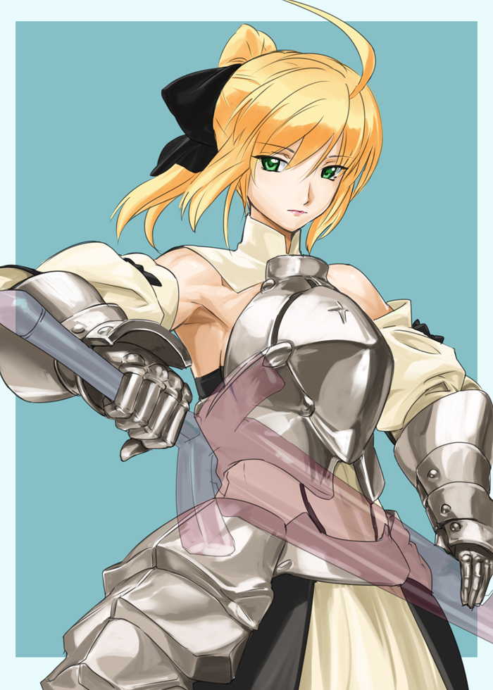makacoon, artoria pendragon (fate), saber (fate), saber lily, capcom, fate/stay night, fate/unlimited codes, fate (series), 00s, 1girl, ahoge, armor, armored dress, armpits, blonde hair, dress, faulds, female focus, gauntlets, green eyes, hairband, solo, sword, weapon