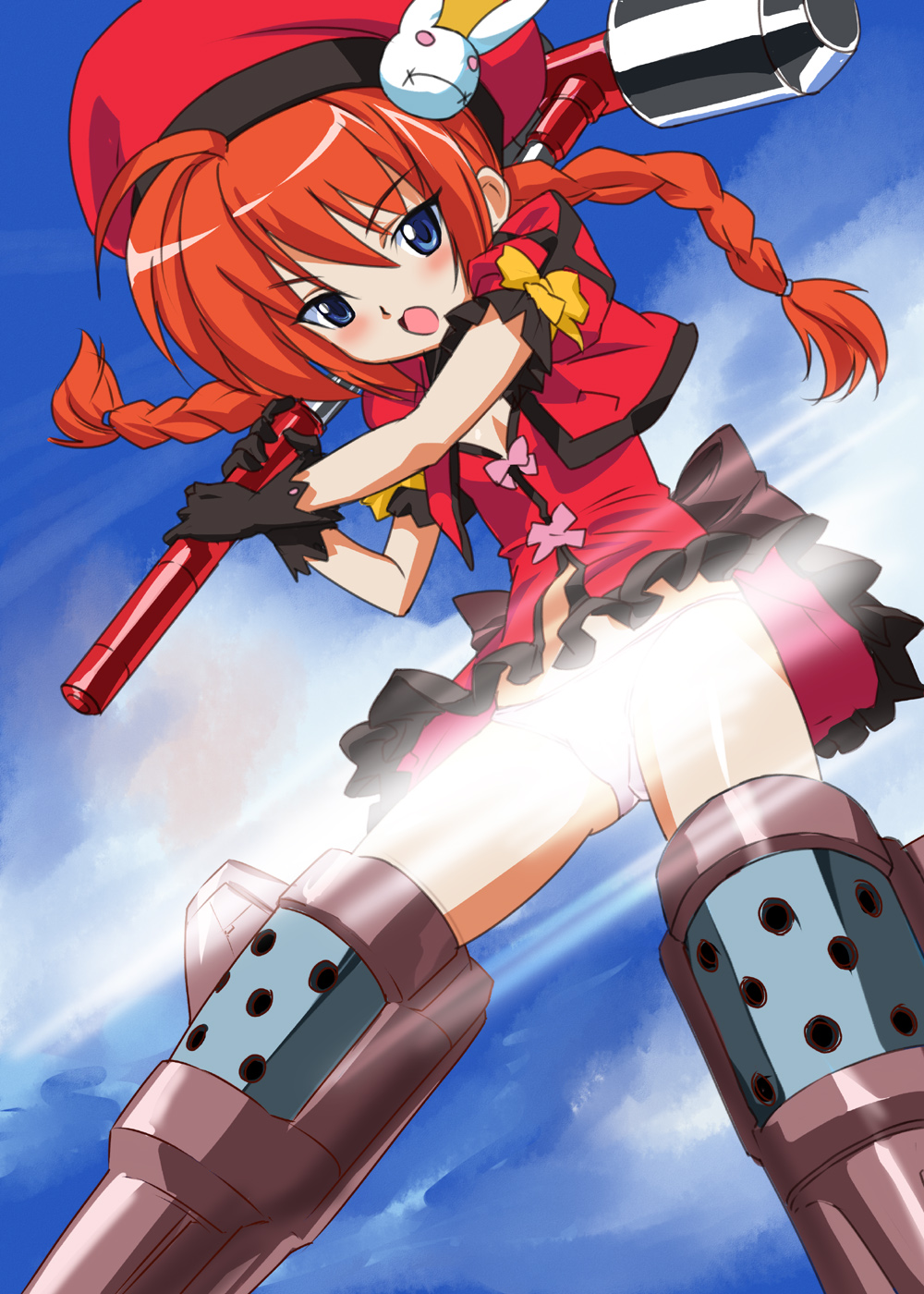 makacoon, graf eisen, vita (nanoha), lyrical nanoha, mahou shoujo lyrical nanoha, mahou shoujo lyrical nanoha a's, strike witches, world witches series, highres, 1girl, female focus, hat, panties, parody, solo, striker unit, underwear