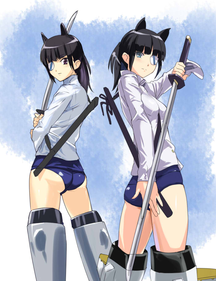 makacoon, sakamoto mio, strike witches, world witches series, 00s, 1girl, animal ears, black hair, eyepatch, holding, holding sword, holding weapon, striker unit, swimsuit under clothes, sword, weapon