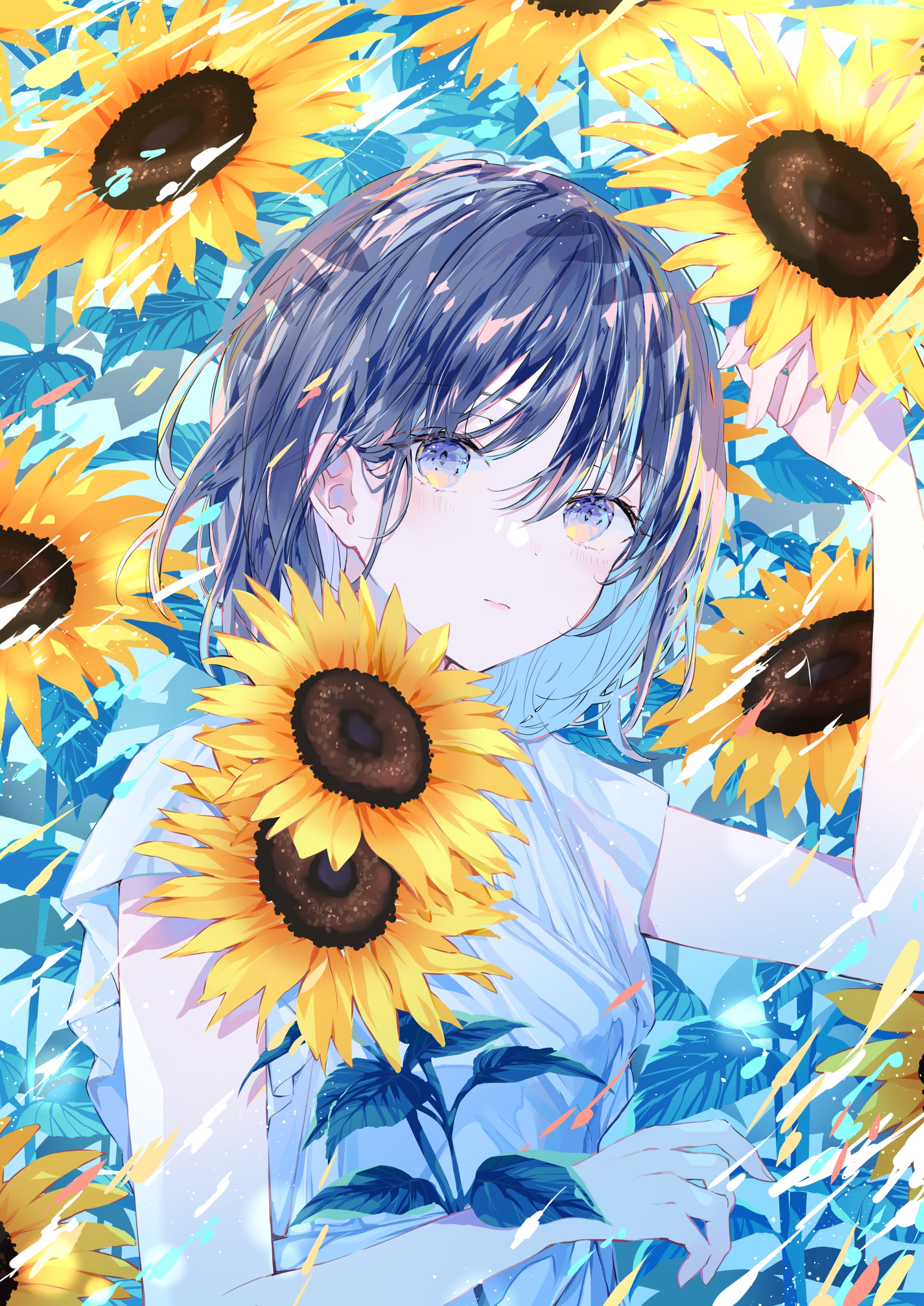 motimoti067, original, absurdres, commentary, english commentary, highres, 1girl, black hair, blue eyes, breasts, closed mouth, flower, hand up, holding, holding flower, looking at viewer, shirt, short hair, short sleeves, solo, sunflower, upper body, white shirt