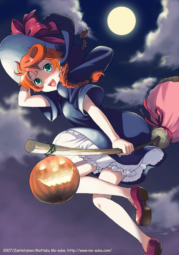 mattaku mousuke, mo suke, original, 1girl, braid, broom, broom riding, dated, female focus, full moon, jack-o'-lantern, moon, pumpkin, red hair, red shoes, shoes, sidesaddle, solo, twin braids, watermark, web address, witch