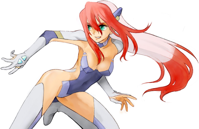 michi ta (masquerade), birdy cephon altera, tetsuwan birdy, tetsuwan birdy decode, 00s, 1girl, blue eyes, breasts, cleavage, colored bangs, female focus, fighting stance, leotard, long hair, looking to the side, ponytail, red hair, simple background, solo, thighhighs, thighs, very long hair, white background, white thighhighs