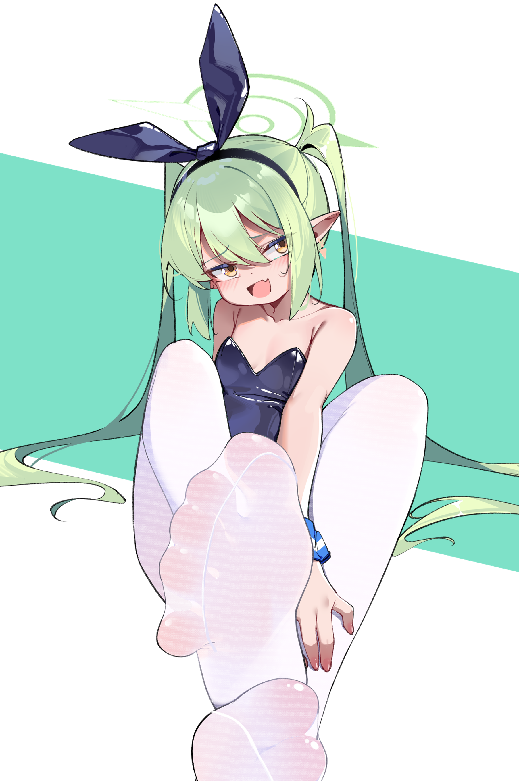 painterliuhao, nozomi (blue archive), blue archive, absurdres, chinese commentary, commentary request, highres, 1girl, alternate costume, blue leotard, blush, fang, feet, flat chest, foot focus, foreshortening, green hair, green halo, halo, leotard, long hair, no shoes, open mouth, pantyhose, playboy bunny, pointy ears, skin fang, soles, solo, strapless, strapless leotard, toes, twintails, white pantyhose, wrist cuffs, yellow eyes