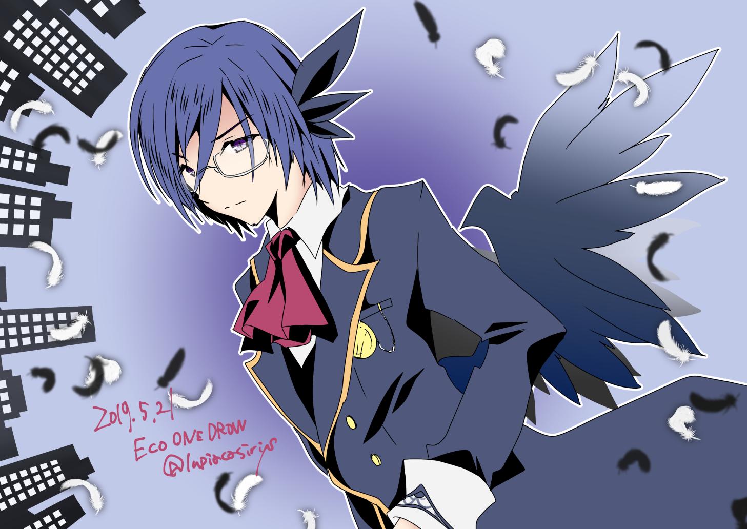 yukiomi kizuki, emil chronicle online, 1boy, black feathers, blue hair, blue jacket, blue wings, bow, bowtie, dated, feathers, glasses, head wings, jacket, purple background, purple eyes, red bow, shirt, shugoma rougetsu, solo, twitter username, white feathers, white shirt, wings