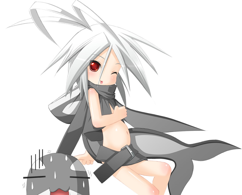 shimuu, 1girl, :p, albino, belt, blush, female focus, loli, one eye closed, pregnant, red eyes, solo, spiked hair, tongue, tongue out, white hair, wink