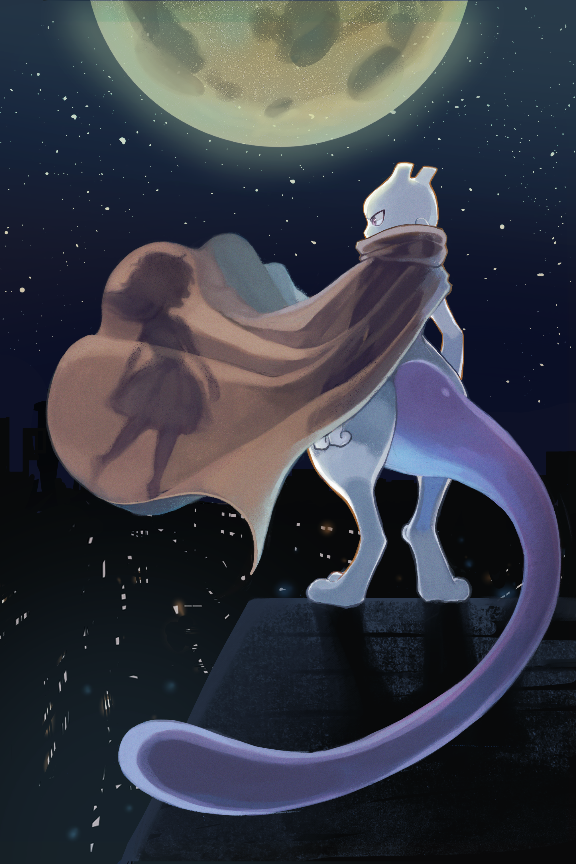 furukawa raku, ambertwo (pokemon), mewtwo, nintendo, pokemon, pokemon: the first movie – mewtwo strikes back, pokemon (anime), pokemon (classic anime), absurdres, commentary request, highres, brown cape, cape, cityscape, gen 1 pokemon, legendary pokemon, moon, night, outdoors, pokemon (creature), purple eyes, sky, standing