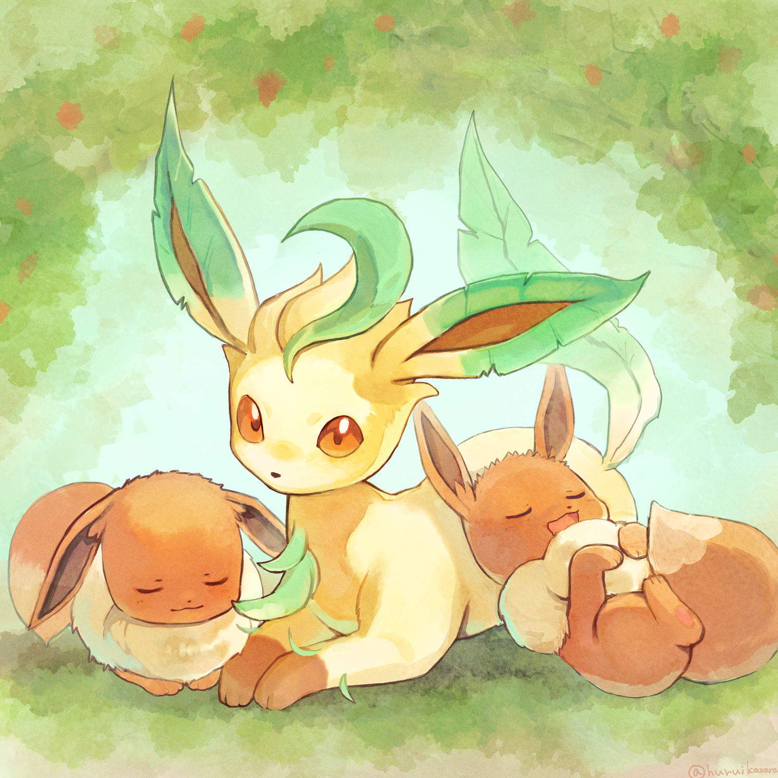 furukawa raku, eevee, leafeon, nintendo, pokemon, commentary request, highres, :d, brown eyes, closed eyes, closed mouth, day, gen 1 pokemon, gen 4 pokemon, lying, no humans, open mouth, outdoors, pokemon (creature), pokemon focus, smile