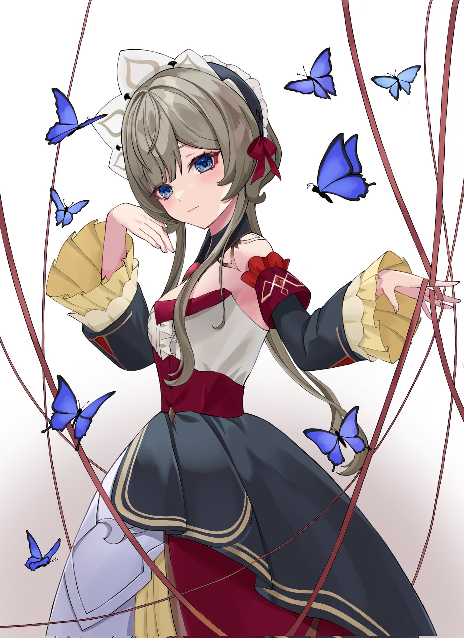 sandrone (genshin impact), genshin impact, highres, 1girl, bare shoulders, black collar, black dress, black sleeves, blue butterfly, blue eyes, brown hair, bug, butterfly, collar, detached collar, detached sleeves, dress, headdress, insect, jp4g6kfhb842057, long sleeves, looking at viewer, multicolored dress, short hair with long locks, solo, white dress, white headdress