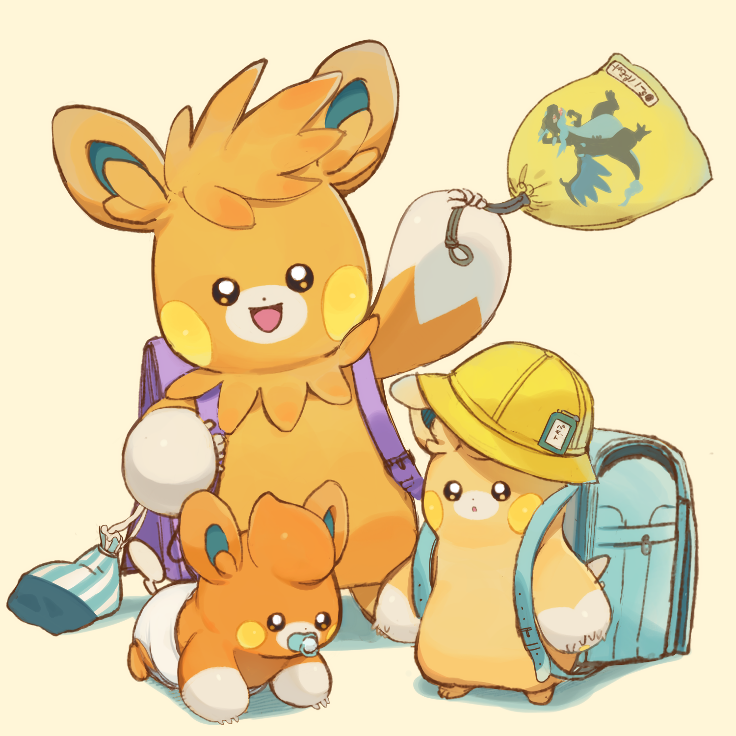 furukawa raku, charizard, mega charizard x, pawmi, pawmo, pawmot, nintendo, pokemon, commentary request, highres, animal focus, backpack, bag, blue bag, clothed pokemon, diaper, dot nose, evolutionary line, gen 1 pokemon, hat, holding, holding bag, mega pokemon, no humans, open mouth, orange fur, pacifier, pokemon (creature), purple bag, randoseru, simple background, smile, white background, yellow hat