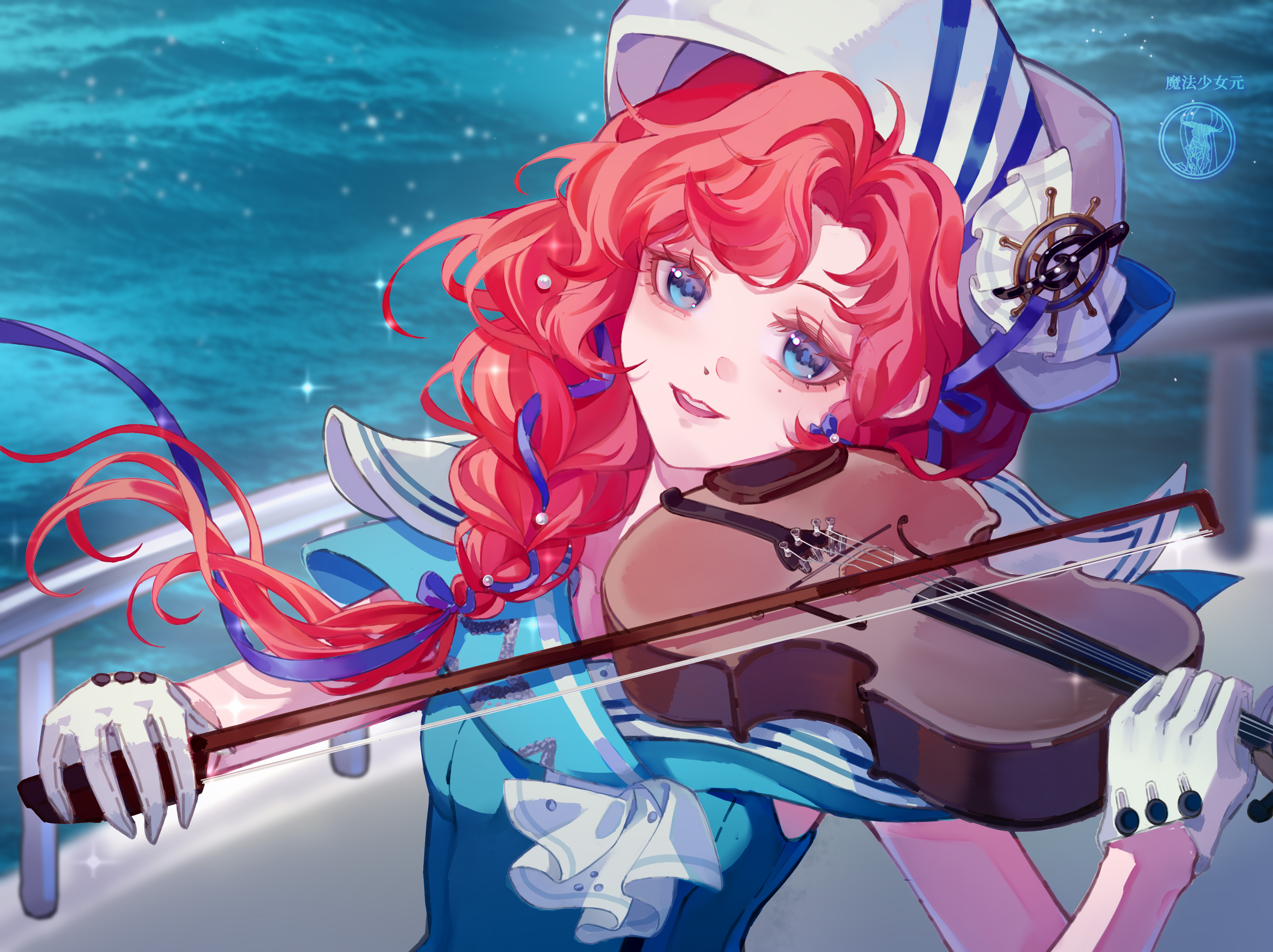 mofa shaonu yuan, reverse:1999, absurdres, highres, 1girl, :d, artist name, barcarola (reverse:1999), blue eyes, blue shirt, bow (music), dixie cup hat, gloves, hands up, hat, holding, holding bow (music), holding instrument, holding violin, instrument, long braid, long hair, looking at viewer, military hat, mole, mole under eye, music, ocean, open mouth, playing instrument, railing, red hair, sailor collar, shirt, sleeveless, sleeveless shirt, smile, solo, upper body, violin, white gloves, white hat
