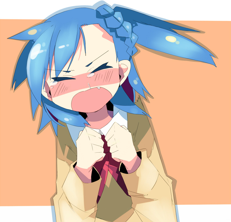 kanikama, miyakawa hikage, lucky star, miyakawa-ke no kuufuku, 00s, 10s, 1girl, blue hair, blush, closed eyes, female focus, solo, tears