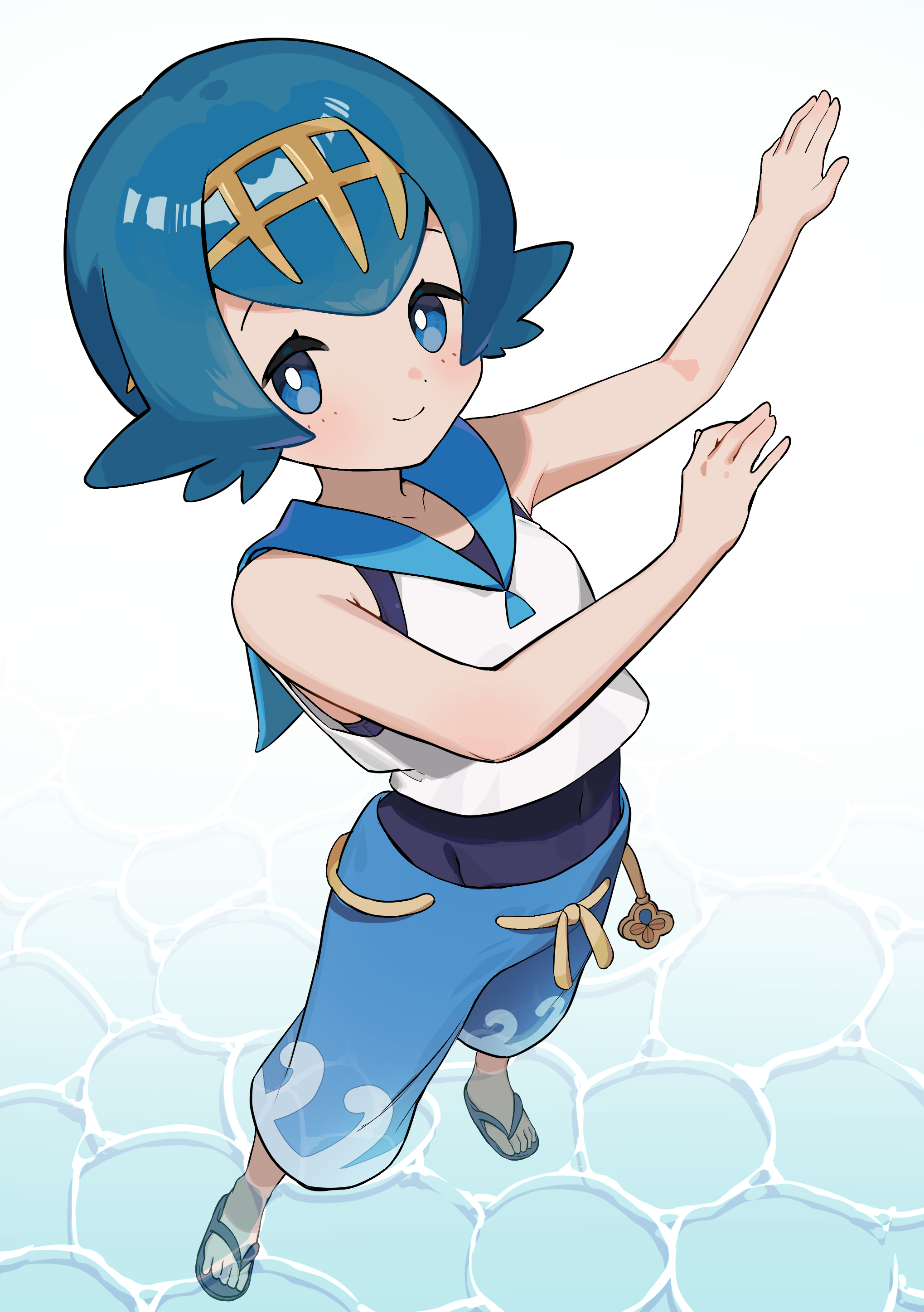 furukawa raku, lana (pokemon), nintendo, pokemon, pokemon sm, absurdres, commentary request, highres, 1girl, blue eyes, blue hair, blue shorts, bright pupils, closed mouth, dancing, freckles, from above, full body, looking at viewer, short hair, shorts, smile, solo, standing, wading, white pupils
