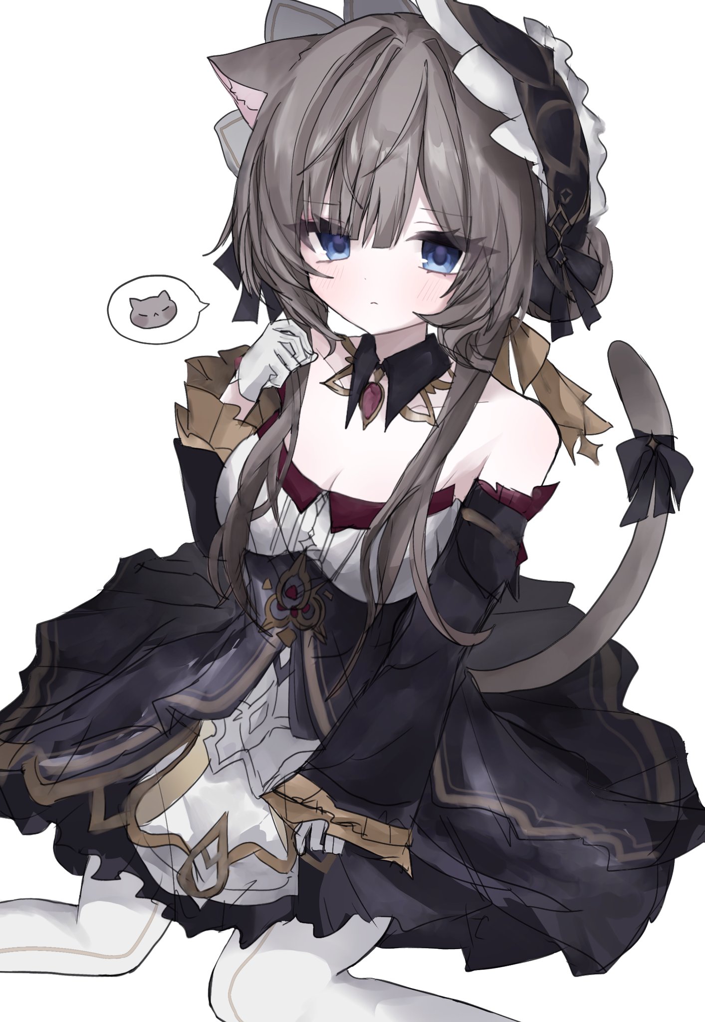 a xme, sandrone (genshin impact), genshin impact, highres, 1girl, animal ears, bare shoulders, black collar, black dress, black sleeves, blue eyes, brown hair, cat ears, cat tail, collar, detached collar, detached sleeves, dress, gloves, headdress, long sleeves, multicolored dress, short hair with long locks, simple background, solo, tail, white background, white dress, white gloves, white headdress