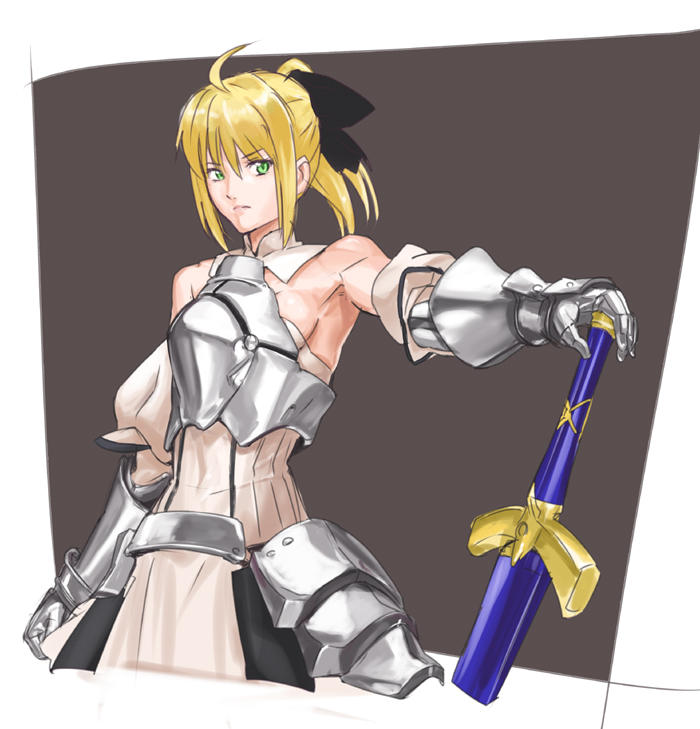 makacoon, artoria pendragon (fate), saber (fate), saber lily, capcom, fate/stay night, fate/unlimited codes, fate (series), 00s, 1girl, armor, armored dress, armpits, blonde hair, dress, female focus, green eyes, solo, sword, weapon