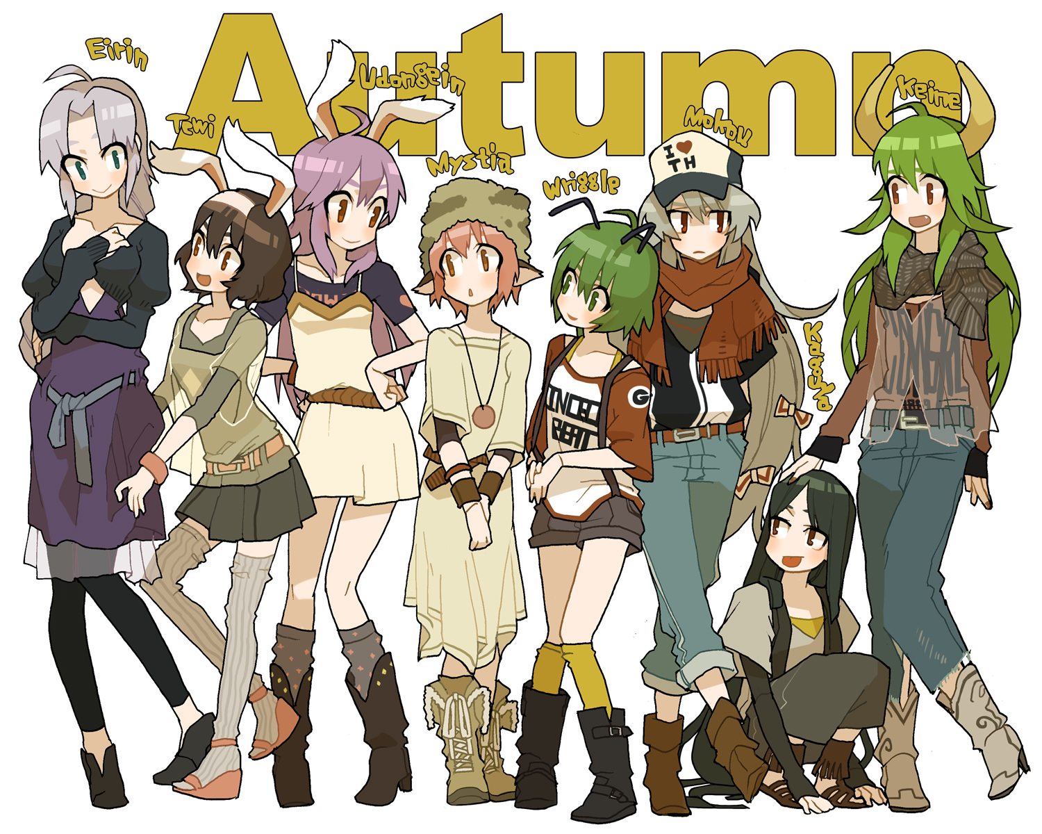 haruo (clownberry), ex-keine, fujiwara no mokou, houraisan kaguya, inaba tewi, kamishirasawa keine, mystia lorelei, reisen udongein inaba, wriggle nightbug, yagokoro eirin, touhou, silver hair, bad id, bad pixiv id, highres, 6+girls, alternate costume, animal ears, antennae, belt, black hair, blue eyes, boots, bow, brown hair, casual, clothes writing, contemporary, denim, everyone, fang, fashion, female focus, gloves, green eyes, green hair, hair bow, hat, horns, jeans, jewelry, kneehighs, multiple girls, necklace, pants, pink eyes, pink hair, purple hair, rabbit ears, red eyes, sandals, scarf, shirt, shorts, skirt, socks, suspenders, t-shirt, thighhighs