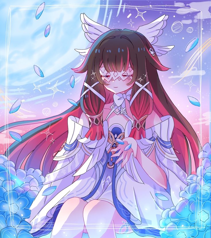 user ghaf3443, columbina (genshin impact), genshin impact, 1girl, black hair, blush, choker, closed eyes, closed mouth, collarbone, dress, falling petals, feathered wings, hair ribbon, head wings, long hair, moon, multicolored hair, multiple wings, petals, pink hair, ribbon, sidelocks, sitting, smile, solo, very long hair, white choker, white dress, white mask, white ribbon, white wings, wings