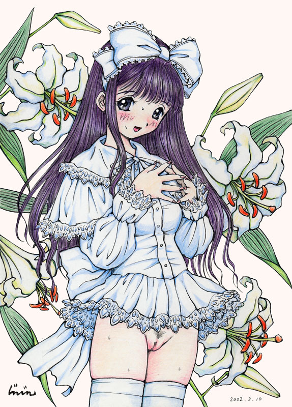 jinjin, 1girl, blunt bangs, blush, bottomless, bow, censored, dress, female focus, flower, grey eyes, hair bow, long hair, no panties, purple hair, pussy, ribbon, solo, standing, thighhighs, white dress, white thighhighs