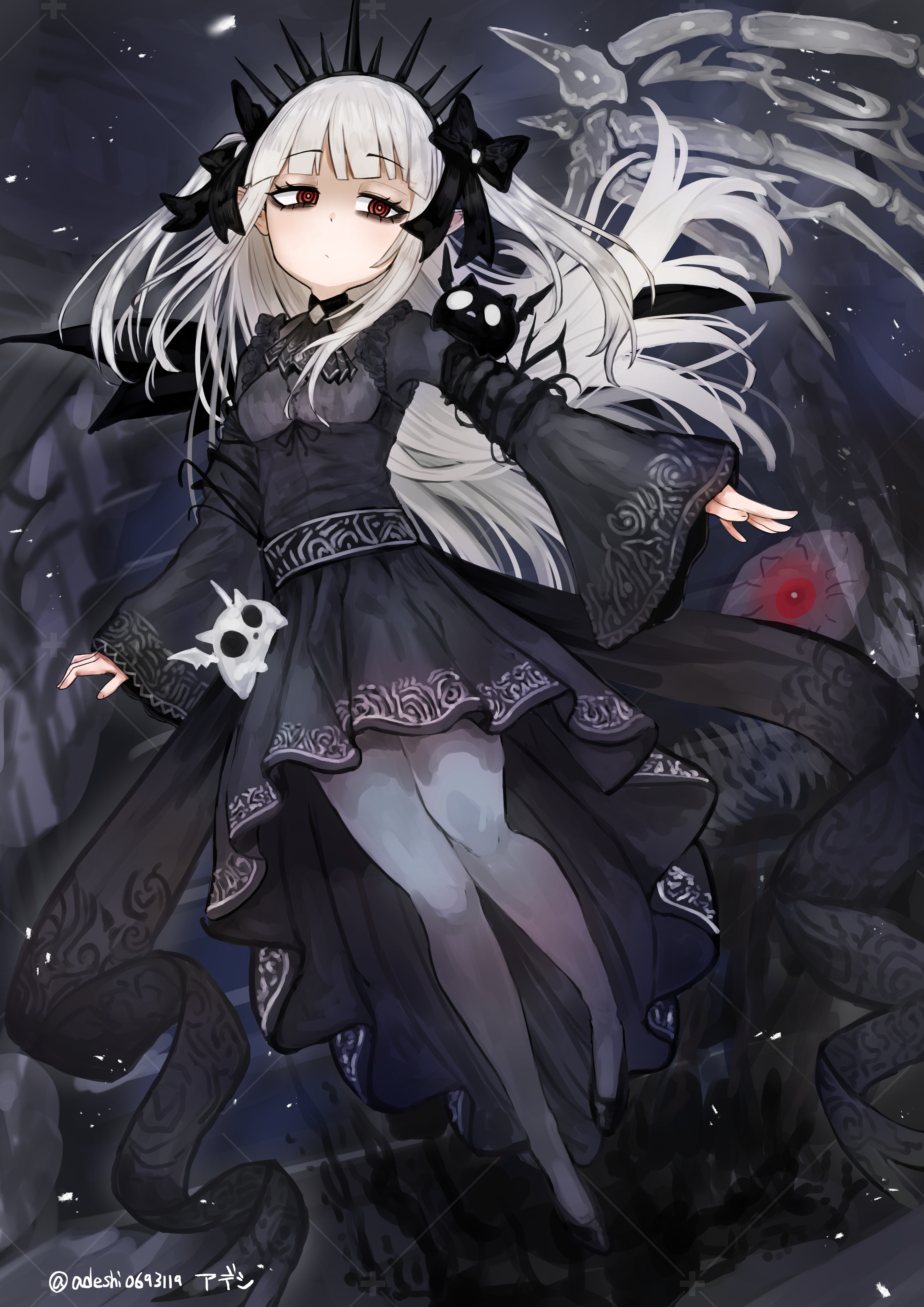 adeshi (adeshi0693119), a bao a qu the lightless shadow, yu-gi-oh!, absurdres, highres, 1girl, black dress, bow, breasts, bright pupils, creature, dress, duel monster, full body, grey pantyhose, hair bow, long hair, long sleeves, looking at viewer, pantyhose, print dress, red eyes, skeletal wings, small breasts, solo, tiara, white hair, white pupils, wings