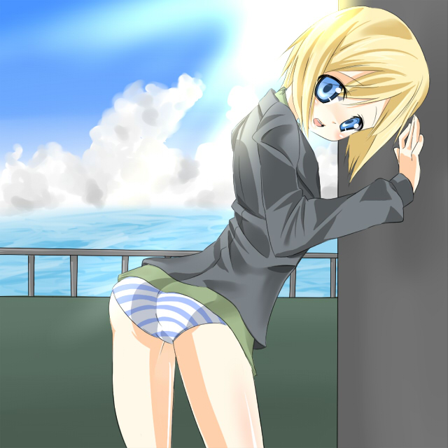 murazou (mugenloop), erica hartmann, strike witches, world witches series, bad id, bad pixiv id, 00s, 1girl, blonde hair, blue eyes, female focus, panties, short hair, solo, striped clothes, striped panties, underwear