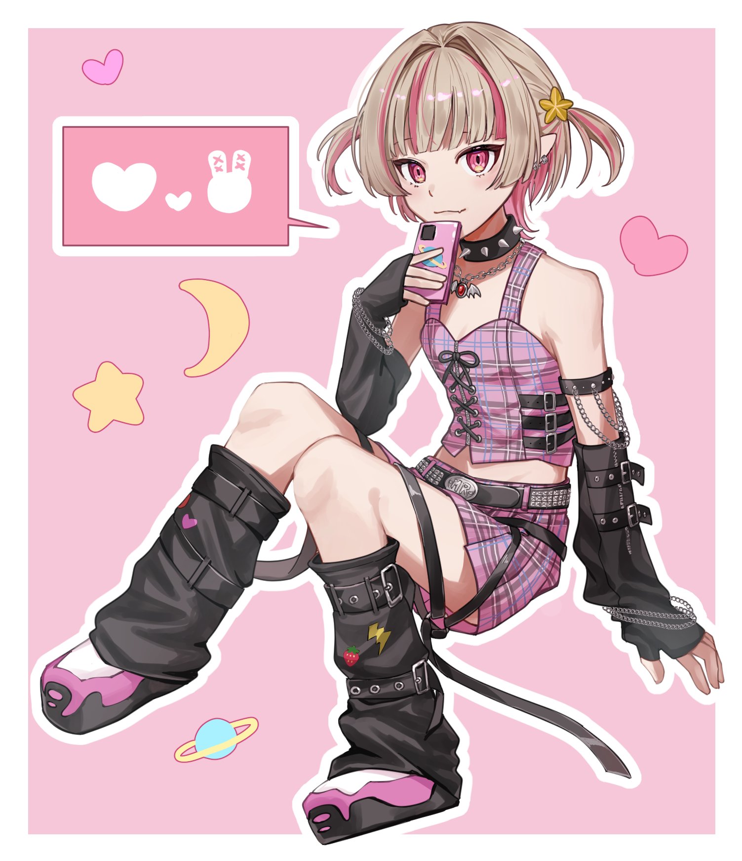 toto (lldrns toto), makaino ririmu, makaino ririmu (6th costume), nijisanji, highres, 1girl, arm belt, arm strap, bare shoulders, belt, belt buckle, black arm warmers, black belt, black collar, black leg warmers, black straps, blunt bangs, blush, border, buckle, cellphone, chain, chain bracelet, chain necklace, closed mouth, collar, colored inner hair, crop top, cross-laced clothes, cross-laced top, ear cuffs, fang, fingerless gloves, food print, fruit print, full body, gloves, grey hair, hair intakes, harness, heart, heart print, holding, holding phone, jewelry, knees together feet apart, knees up, leg belt, leg warmers, lightning bolt print, looking at viewer, loose belt, midriff, miniskirt, multicolored hair, multiple belts, necklace, no headwear, no jacket, o-ring, o-ring thigh strap, outline, outside border, pendant, phone, pink background, pink hair, pink shoes, pink skirt, plaid clothes, plaid skirt, pleated skirt, pointy ears, red eyes, shoes, short hair, simple background, sitting, skin fang, skirt, sleeveless, smartphone, smile, solo, speech bubble, spiked collar, spikes, star (symbol), strawberry print, streaked hair, studded belt, thigh strap, two side up, virtual youtuber, white border, white outline, wolf cut, zipper top