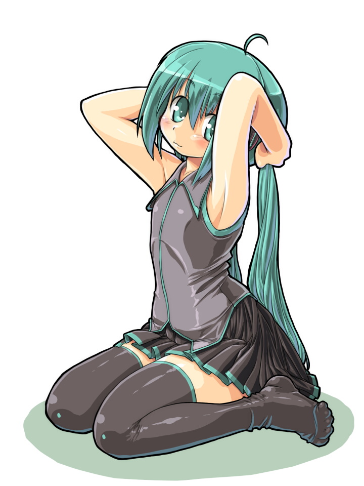 dd (ijigendd), hatsune miku, vocaloid, bad id, bad pixiv id, 1girl, :3, adjusting hair, armpits, blue eyes, blue hair, blush, feet, female focus, flat chest, full body, kneeling, long hair, matching hair/eyes, simple background, solo, thighhighs, twintails