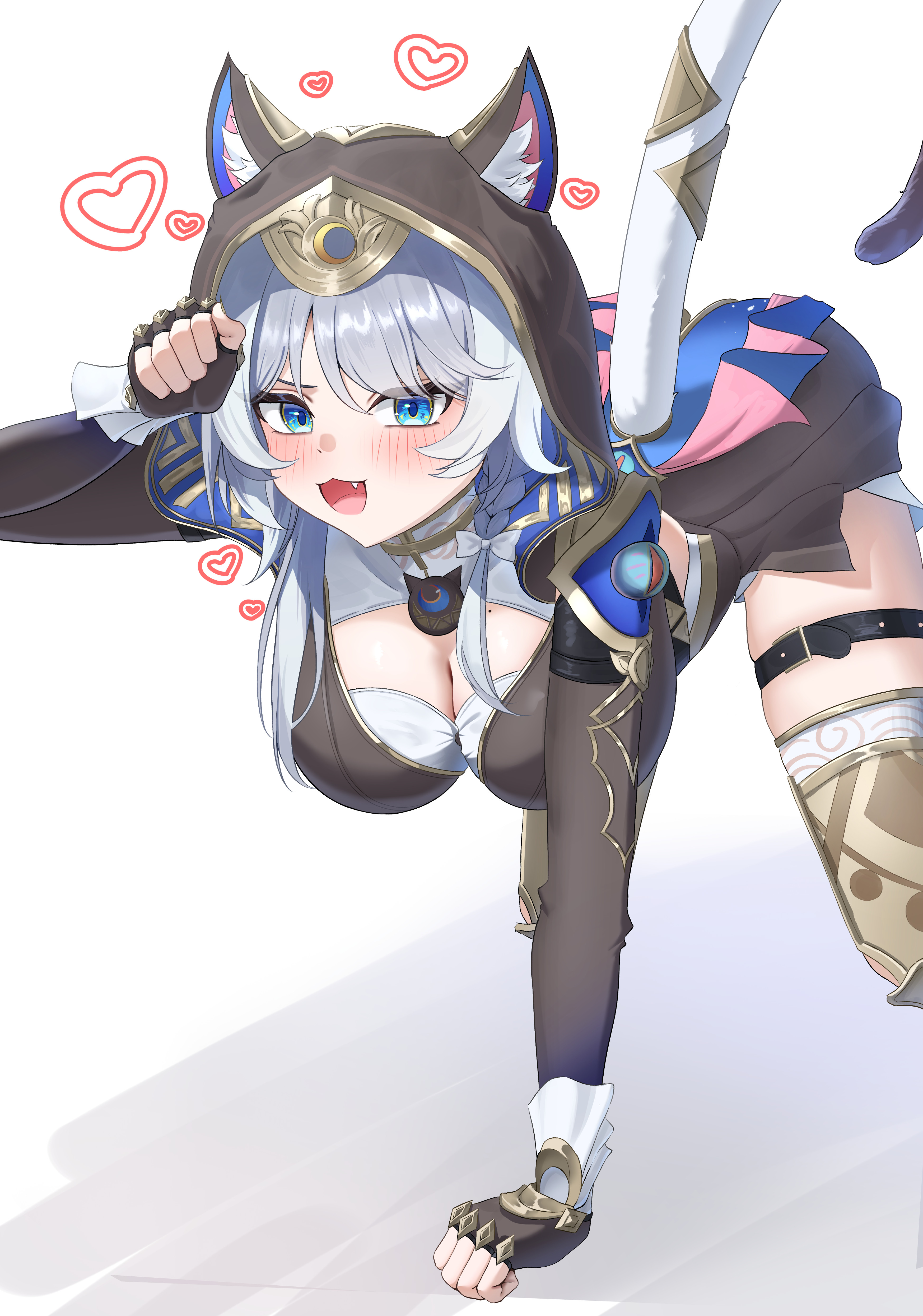rua (rua0007113), cipher (honkai: star rail), honkai: star rail, honkai (series), absurdres, highres, 1girl, animal ear fluff, animal ears, black gloves, blue eyes, blush, braid, breasts, cat ears, cat girl, cat tail, cleavage, fingerless gloves, gloves, grey hair, hood, hood up, large breasts, long sleeves, looking at viewer, mole, mole on breast, open mouth, side braid, simple background, single braid, smile, solo, tail, thick thighs, thigh strap, thighs, white background