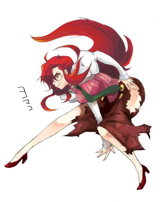 himukai yuusuke, yoko littner, yomako, tengen toppa gurren lagann, 00s, 1girl, aged up, alternate hairstyle, angry, female focus, glasses, hair down, high heels, long hair, necktie, red hair, shoes, skirt, solo, teacher, torn clothes, very long hair, yellow eyes