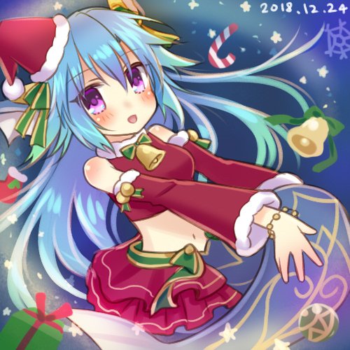 lorelei lore, emil chronicle online, lowres, 1girl, alternate costume, bell, blue background, blue hair, christmas, dated, detached sleeves, frilled skirt, frills, green ribbon, hair ribbon, hat, horns, mermaid, monster girl, navel, neck bell, open mouth, purple eyes, red skirt, red sleeves, red tube top, ribbon, ruki aiuchi, santa hat, skirt, solo, strapless, tube top
