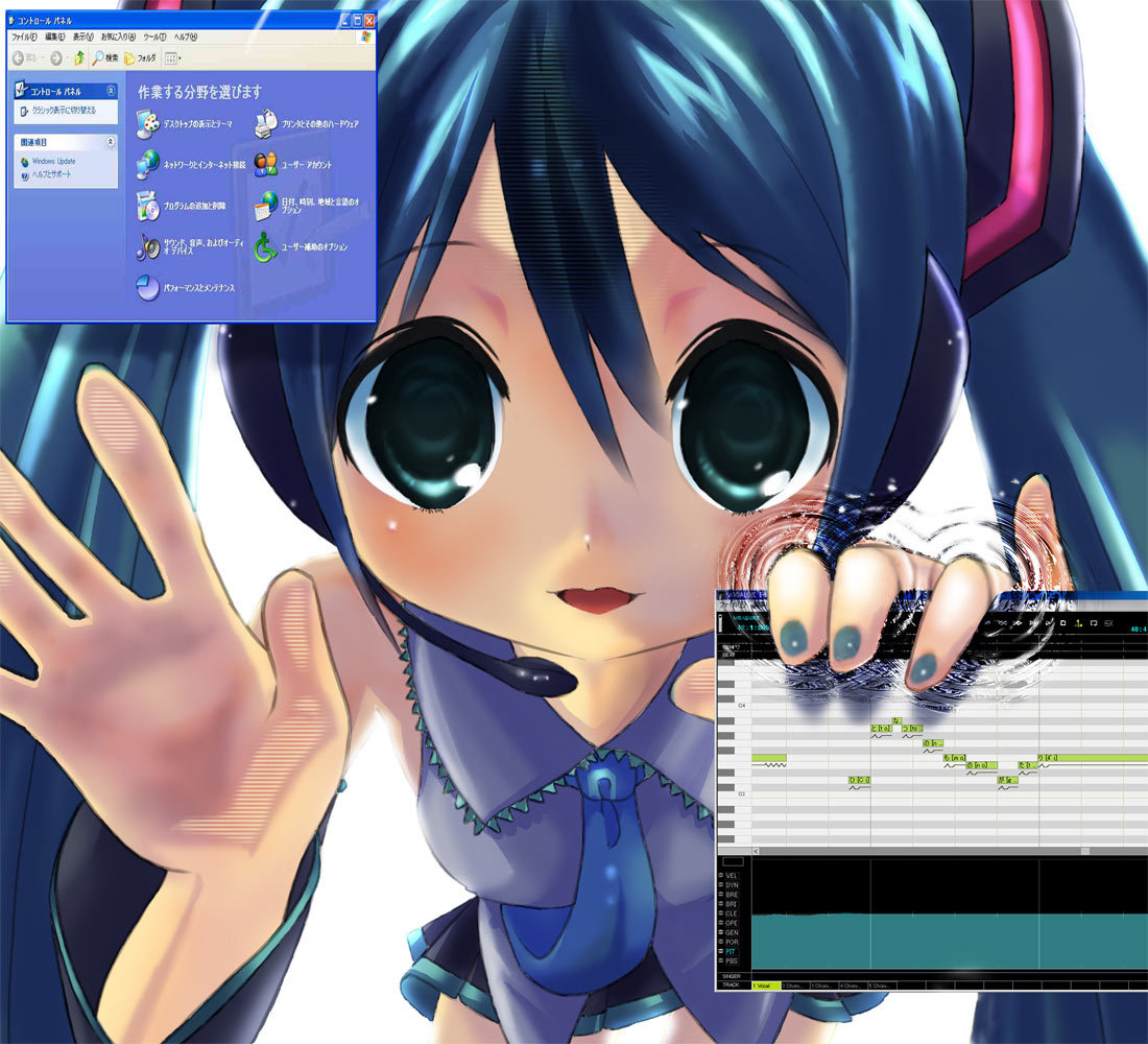 cream (nipakupa), hatsune miku, vocaloid, 1girl, aqua hair, female focus, fourth wall, headphones, solo, twintails