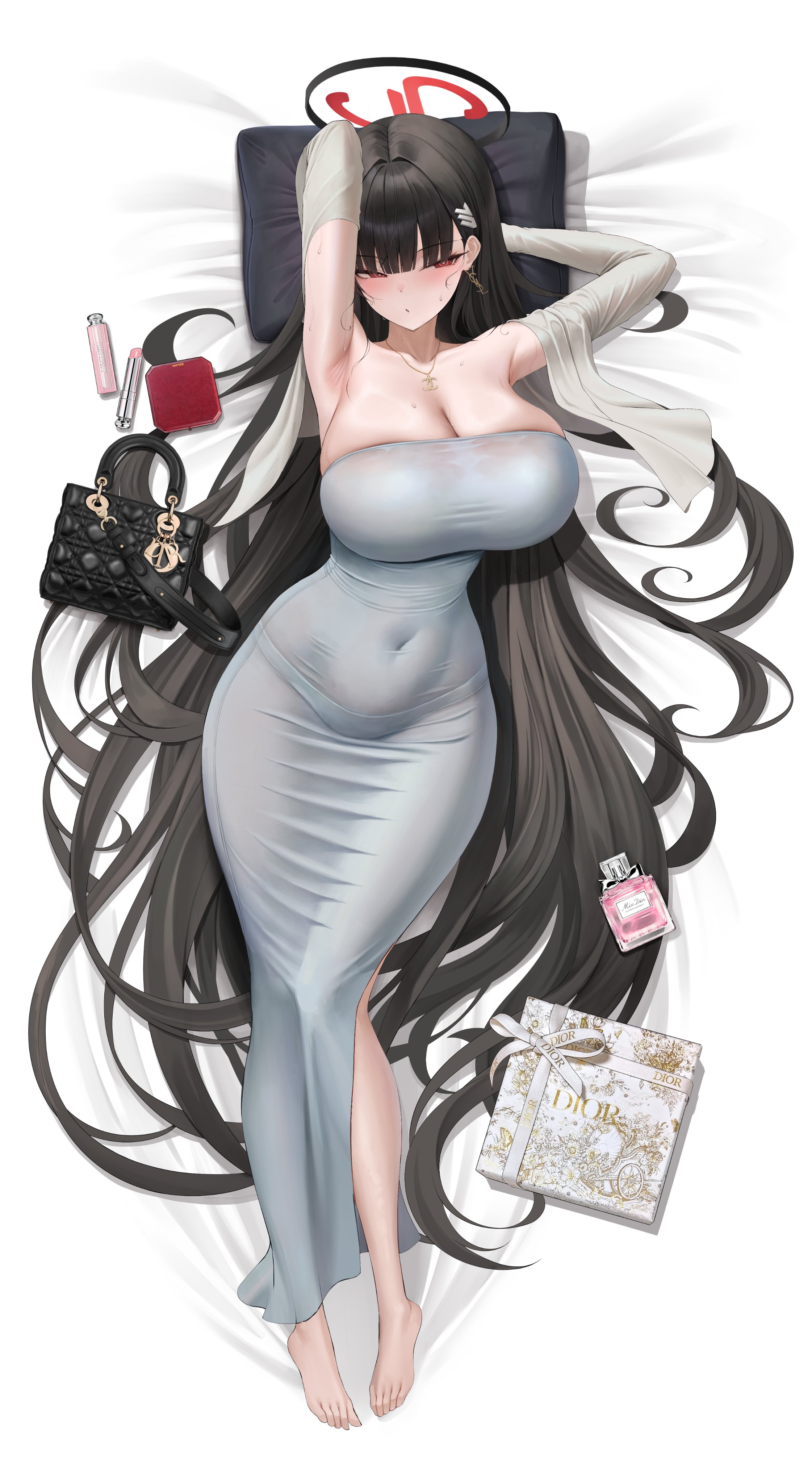 momoriko, rio (blue archive), blue archive, absurdres, commentary, english commentary, highres, 1girl, :o, alternate costume, armpits, arms behind head, barefoot, black hair, blush, breasts, covered navel, dongtan dress, dress, grey dress, hair behind ear, halo, huge breasts, jacket, open clothes, open jacket, panties visible through clothes, red eyes, red halo, solo, tight clothes, tight dress, white jacket