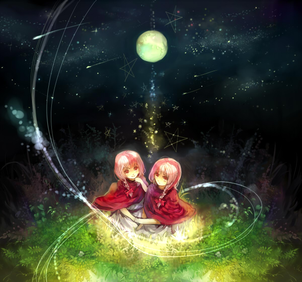 chibi (artist), chibi (shimon), artemisia, eleuseus, moira, sound horizon, 1boy, 1girl, ancient greek clothes, braid, brother and sister, chiton, full moon, glowing, greco-roman clothes, holding hands, moon, outdoors, pink hair, plant, red eyes, shooting star, siblings, single braid, star (sky), star (symbol), twins