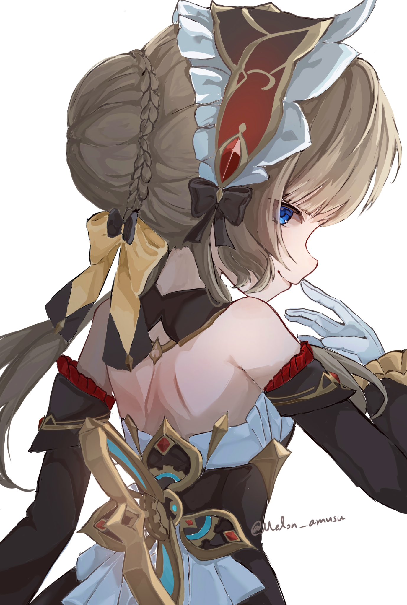 sandrone (genshin impact), genshin impact, highres, 1girl, bare shoulders, black collar, black dress, black sleeves, blue eyes, braid, brown hair, bun with braided base, collar, detached collar, detached sleeves, dress, from behind, gloves, hair bun, headdress, long sleeves, looking at viewer, melon amusu, multicolored dress, short hair with long locks, simple background, solo, teeth, upper teeth only, white background, white dress, white gloves, white headdress