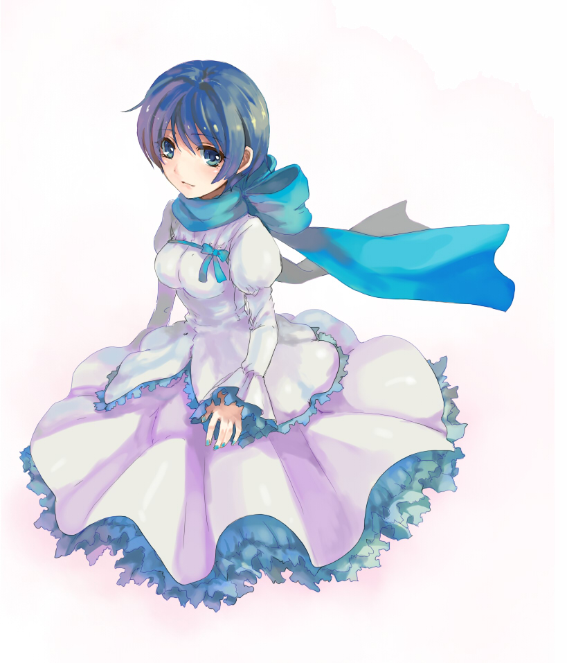 otosume ruiko, kaiko (vocaloid), vocaloid, gender request, 1girl, blue eyes, blue hair, blue scarf, bow, dress, female focus, frills, genderswap, matching hair/eyes, nail polish, ribbon, scarf, short hair, solo
