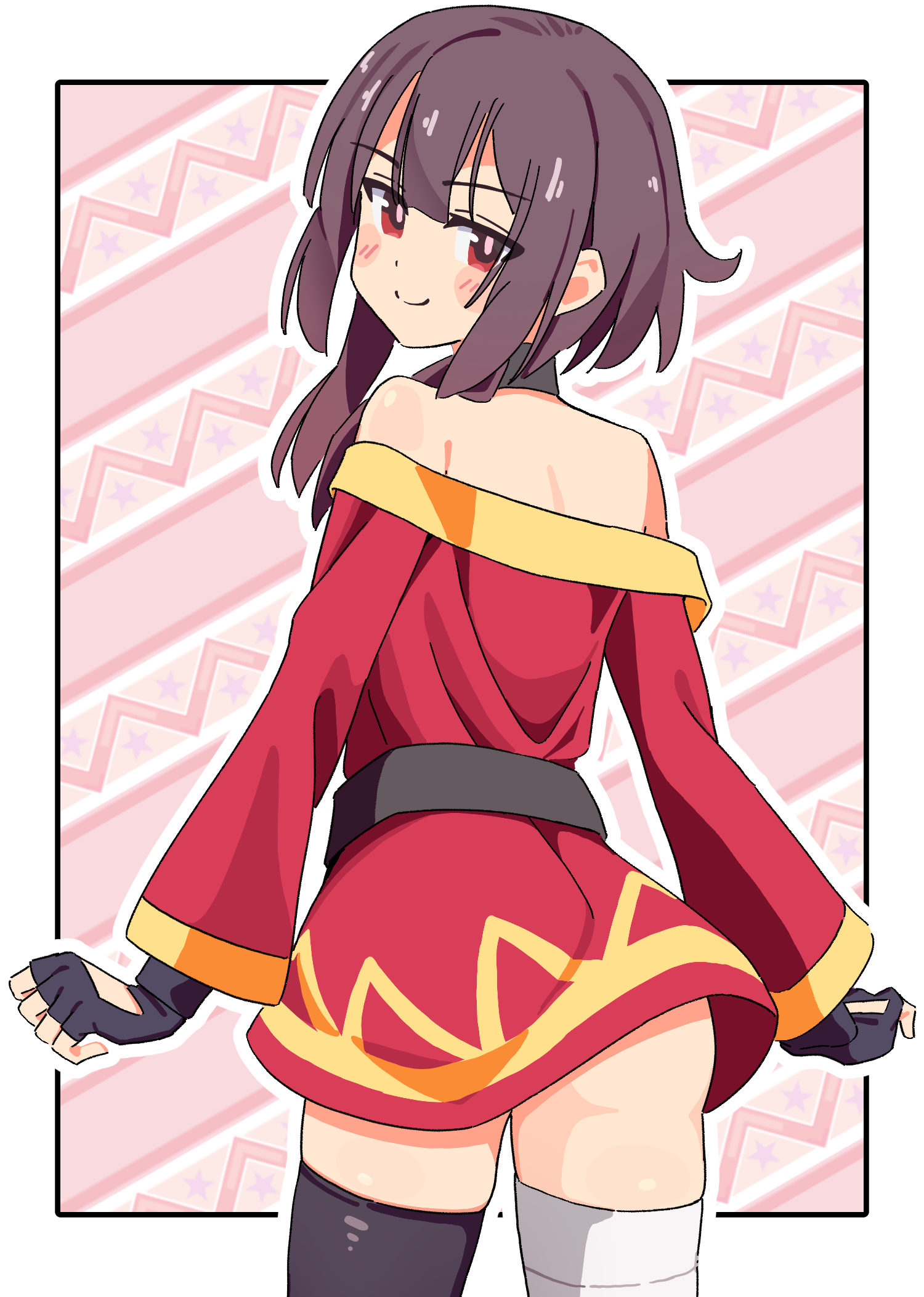 noyama takenoko, megumin, kono subarashii sekai ni shukufuku wo!, commentary request, highres, 1girl, ass, bandaged leg, bandages, bare shoulders, belt, black gloves, black thighhighs, blush stickers, border, brown hair, cowboy shot, diagonal-striped background, dot nose, dress, fingerless gloves, from behind, gloves, long sleeves, looking at viewer, looking back, off-shoulder dress, off shoulder, outline, outside border, red dress, red eyes, short hair with long locks, simple background, single thighhigh, smile, solo, striped background, thighhighs, white border, white outline
