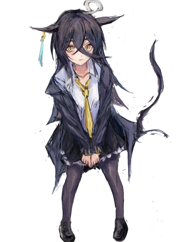 yanagi wakana, manhattan cafe (umamusume), umamusume, 1girl, ahoge, animal ears, black hair, black jacket, black pantyhose, black skirt, closed mouth, collarbone, collared shirt, ear tag, earrings, hair between eyes, horse ears, horse girl, horse tail, jacket, jewelry, long bangs, long hair, long hair between eyes, long sleeves, looking at viewer, multicolored hair, necktie, open clothes, open jacket, pantyhose, shirt, shoes, simple background, single earring, skirt, solo, tail, white background, white hair, white shirt, yellow eyes, yellow necktie