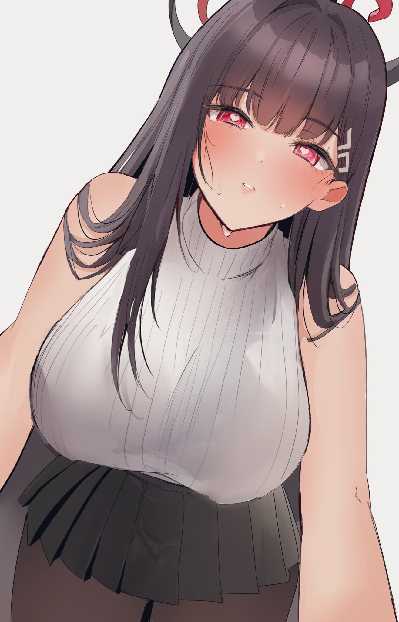 nakano kura, rio (blue archive), blue archive, hashtag-only commentary, highres, 1girl, black hair, black halo, black pantyhose, black skirt, blush, breasts, bright pupils, cowboy shot, hair ornament, hairclip, halo, heart, heart-shaped pupils, large breasts, long hair, looking at viewer, millennium science school logo, multicolored halo, pantyhose, red eyes, ringed eyes, simple background, skirt, sleeveless, sleeveless sweater, solo, sweat, sweater, symbol-shaped pupils, turtleneck, turtleneck sweater, two-tone halo, very long hair, white background, white pupils, white sweater