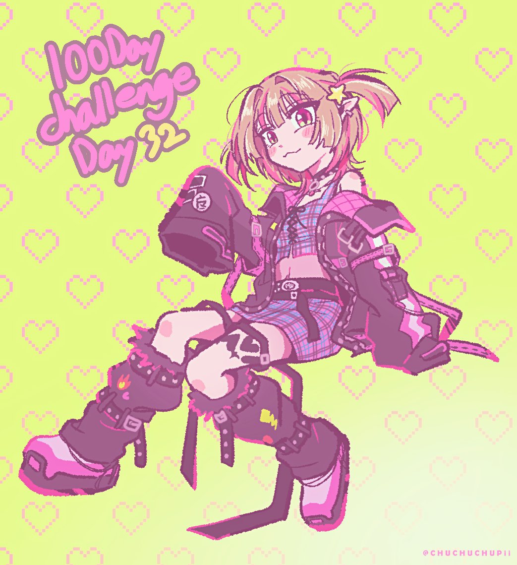 makaino ririmu, makaino ririmu (6th costume), nijisanji, 1girl, :3, arm belt, belt, belt buckle, black belt, black collar, black jacket, black leg warmers, black straps, blunt bangs, blush stickers, buckle, chain, chain necklace, chuchuchupii, closed mouth, clothes writing, collar, colored inner hair, crop top, cross-laced clothes, cross-laced top, ear cuffs, flame print, full body, gradient background, grey hair, hair intakes, heart, heart background, heart print, invisible chair, jacket, jewelry, leg belt, leg tattoo, leg warmers, lightning bolt print, looking at viewer, loose belt, midriff, miniskirt, multicolored hair, multiple belts, navel, necklace, no headwear, open clothes, open jacket, pendant, pink belt, pink hair, pink jacket, pink shoes, pink skirt, plaid clothes, plaid skirt, pointy ears, red eyes, shoes, short hair, single off shoulder, sitting, skirt, sleeves past fingers, sleeves past wrists, smile, solo, spiked collar, spikes, star (symbol), streaked hair, studded belt, tattoo, thigh strap, twitter username, two-sided fabric, two-sided jacket, two side up, virtual youtuber, white background, winged heart, winged heart tattoo, wolf cut, yellow background, zipper top