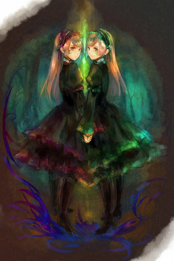 xxnicol, hortense (sound horizon), violette (sound horizon), roman (sound horizon), sound horizon, blonde hair, flower, gothic lolita, green eyes, holding hands, lolita fashion, long hair, red eyes, siblings, twins