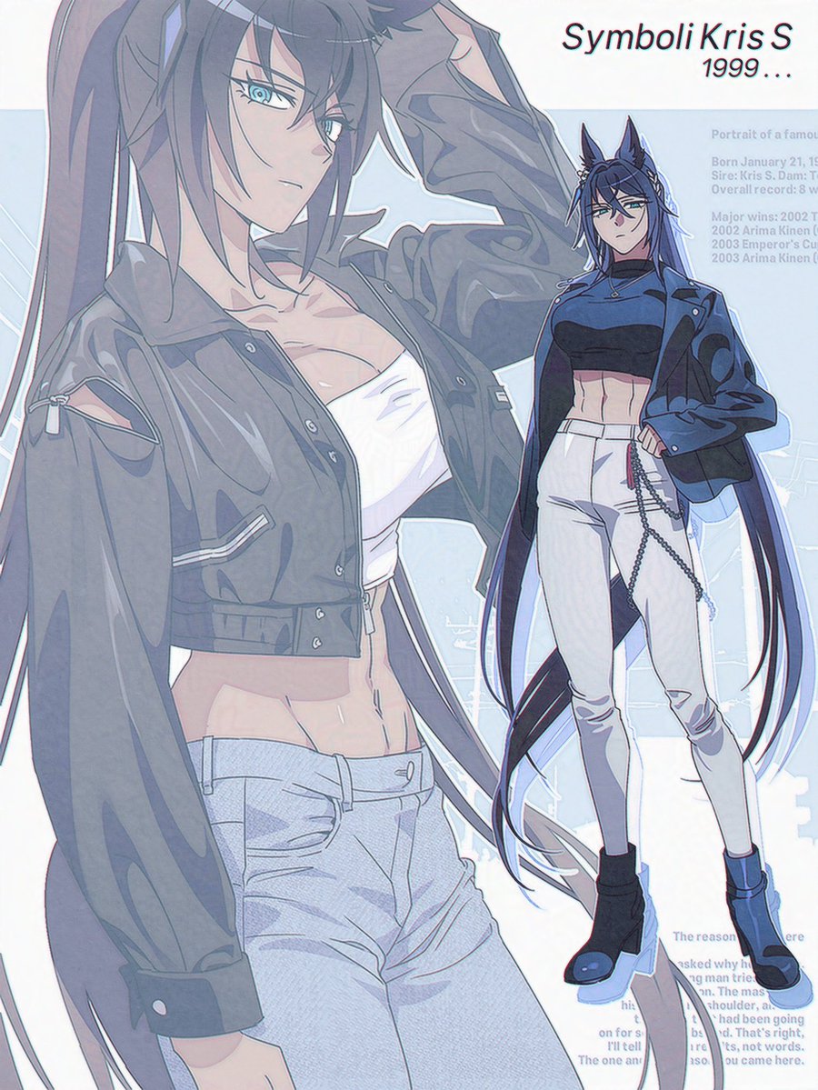 murangee, symboli kris s (umamusume), umamusume, 1girl, abs, animal ears, black hair, black jacket, blue eyes, blue jacket, blue pants, blue shirt, boots, breasts, cleavage, closed mouth, crop top, cropped shirt, dark-skinned female, dark skin, ear ornament, earrings, hair between eyes, horse ears, horse girl, horse tail, jacket, jewelry, large breasts, long hair, long sleeves, looking at viewer, midriff, navel, open clothes, open jacket, pants, ponytail, shirt, single earring, tail, white pants, white shirt
