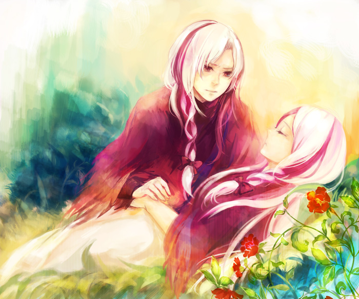 xxnicol, artemisia, eleuseus, moira, sound horizon, closed eyes, eyes closed, pink hair, red eyes, siblings, twins