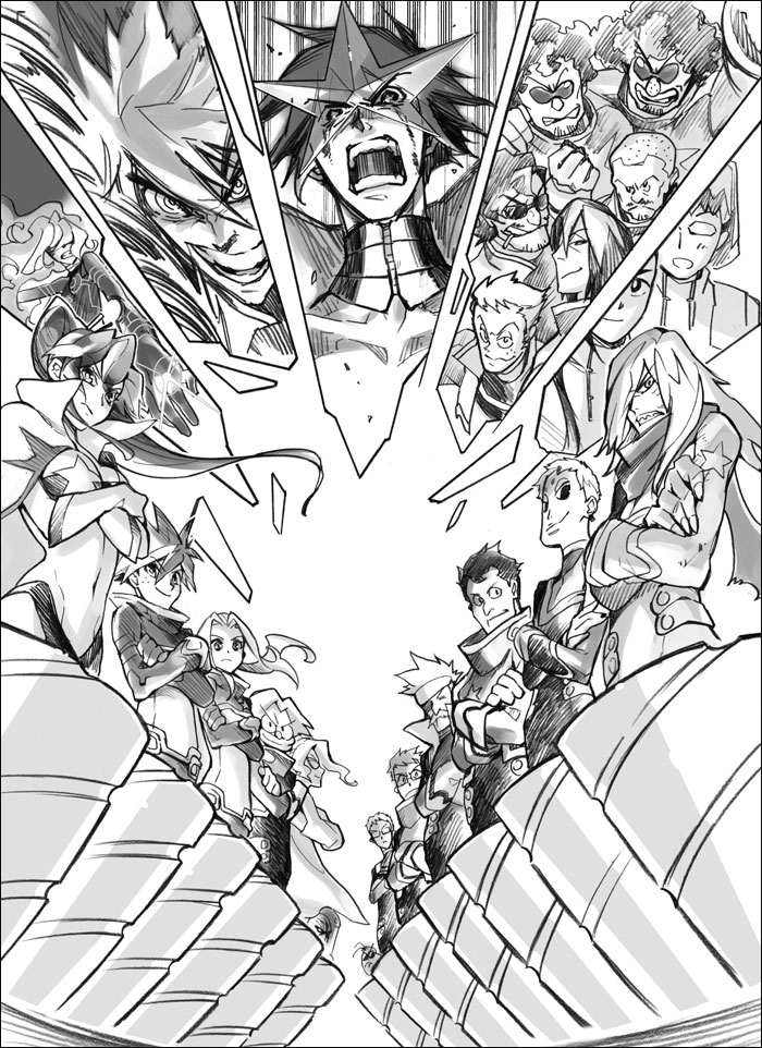 mekameka shii, ailac coega, antispiral nia, attenborough cortitch, barinbo, boota (ttgl), cybela kuto, darry adai, dayakka, gabal docker, gimmy adai, guinble, jogan, kidd coega, kittan bachika, leeron littner, leite jokin, lordgenome, makken, nia teppelin, rossiu adai, simon (ttgl), tetsukan, viral (ttgl), yoko littner, zoushi kanai, tengen toppa gurren lagann, bad id, bad pixiv id, 00s, 4girls, 6+boys, drill, everyone, greyscale, monochrome, multiple boys, multiple girls
