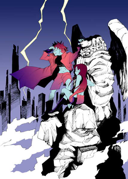 mekameka shii, original, bad id, bad pixiv id, boots, city, coat, lightning, red hair, ruins, trench coat