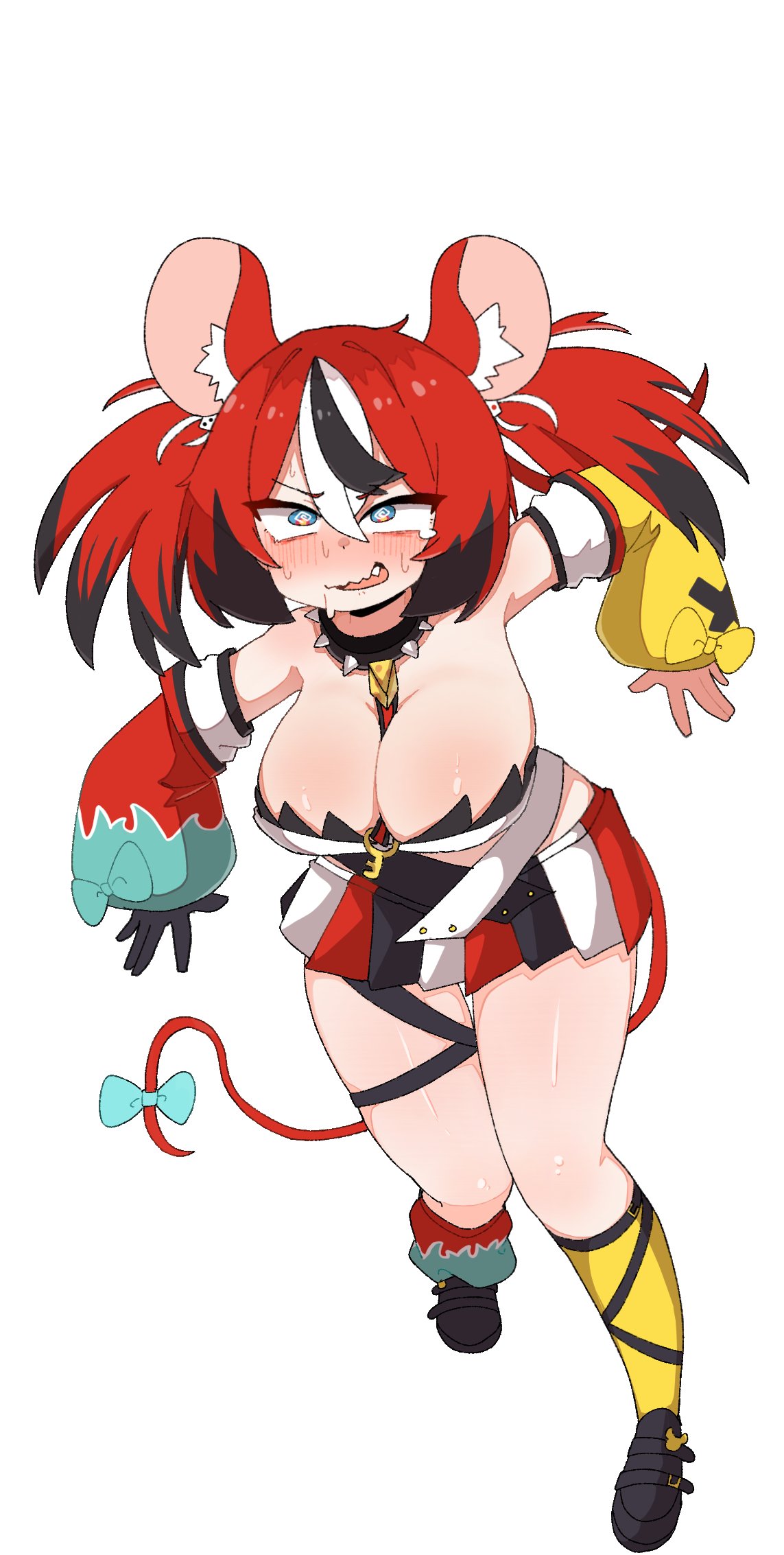 tsurukieeeeeak, hakos baelz, hololive, hololive english, highres, 1girl, animal ears, black hair, blue eyes, blush, breasts, large breasts, mouse ears, mouse girl, multicolored hair, red hair, saliva, streaked hair, symbol-shaped pupils, tail, virtual youtuber, white hair