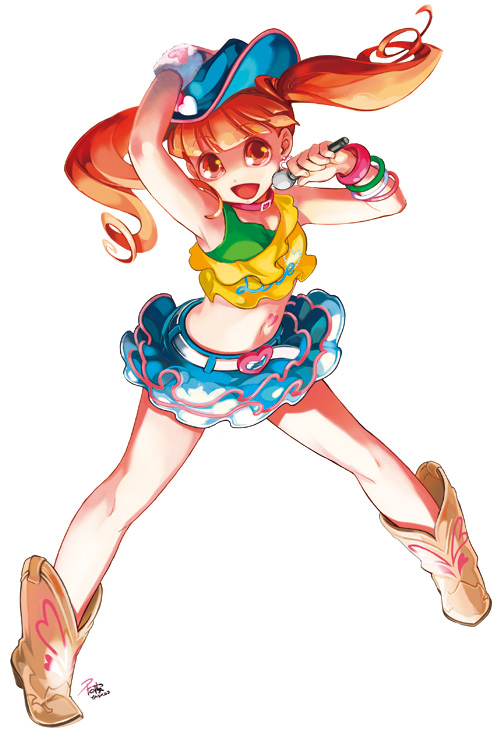 mekameka shii, yumeno uta, onegai my melody, sanrio, bad id, bad pixiv id, 00s, 1girl, bangle, belt, boots, bracelet, choker, cowboy hat, cowboy western, female focus, full body, hat, jewelry, microphone, midriff, orange hair, skirt, solo, twintails, wristband
