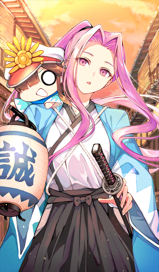 yui (tamagohan), medusa (fate), medusa (rider) (fate), mini nobu (fate), oda nobunaga (fate), fate/grand order, fate (series), official art, 2girls, breasts, forehead, gudaguda shinsengumi the end, large breasts, long hair, looking at viewer, multiple girls, parted bangs, purple eyes, purple hair, sidelocks, very long hair