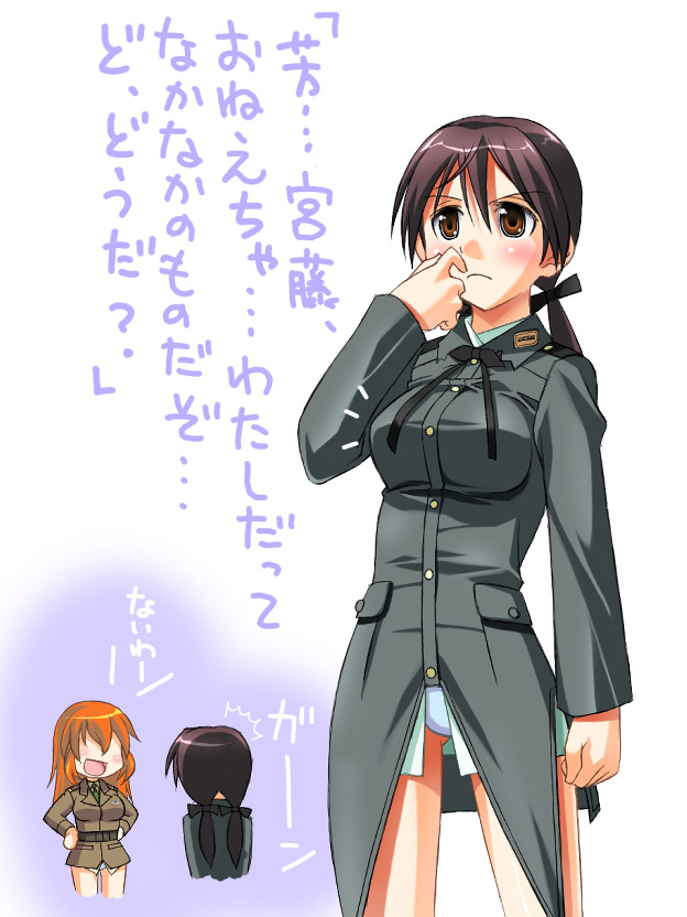 umekichi, charlotte e. yeager, gertrud barkhorn, strike witches, world witches series, translated, 00s, 2girls, blush, breasts, brown eyes, brown hair, cowboy shot, large breasts, long sleeves, military, military uniform, multiple girls, nose picking, shorts, standing, text focus